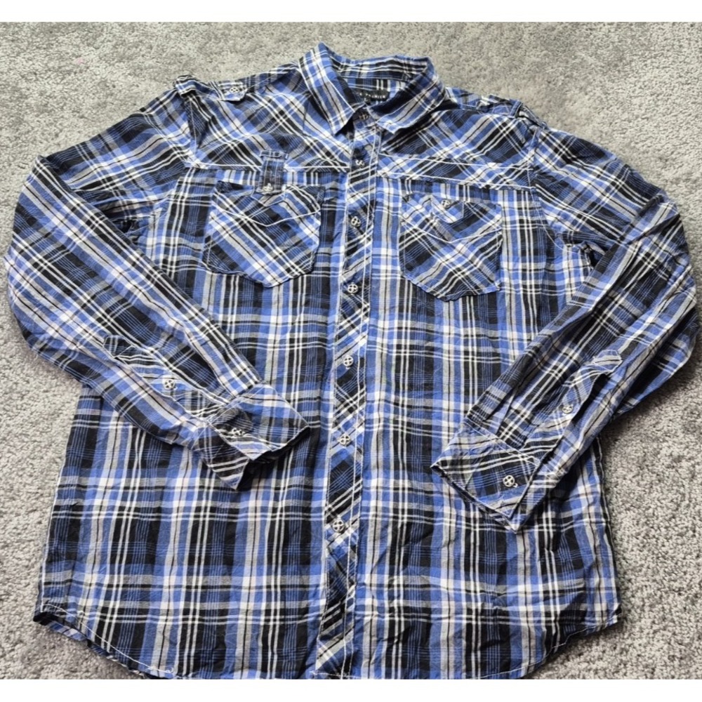 Affliction Black Premium Shirt‎ Mens L Blue button embroidered Logo Y2K Grunge